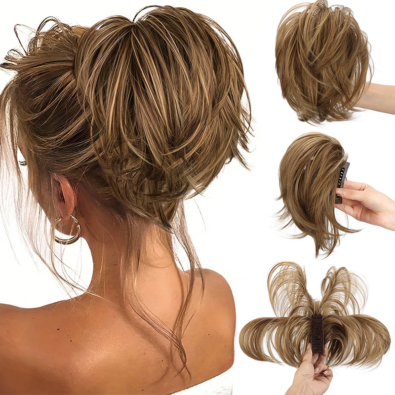Claw Clip Messy Bun Hair Piece - 合成繊維製のクリップ式ポニーテールエクステンション。曲げやすく、長さ調節が可能。DIYで簡単にアレンジできる、自然なふんわりとしたヘアスタイルに。普段使いに最適な、柔らかい素材のつけ毛。