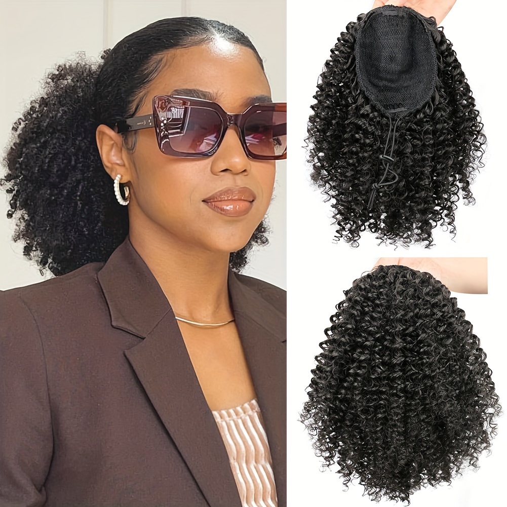Drawstring Afro Curly Puff Ponytail - アフロ風のくせっ毛パフポニーテール、人工毛を使用したふんわりとしたドローストリングポニーテール、アフロ風のヘアピース。普段使いに最適。
