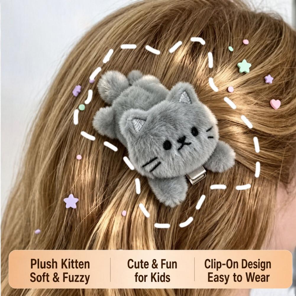 Hair Bundles - かわいいふわふわの猫のヘアクリップ。ポリエステル製で柔らかく、漫画風の動物モチーフ。アヒル口クリップ、サイドバングクリップ、女の子向けの猫のヘアアクセサリー。