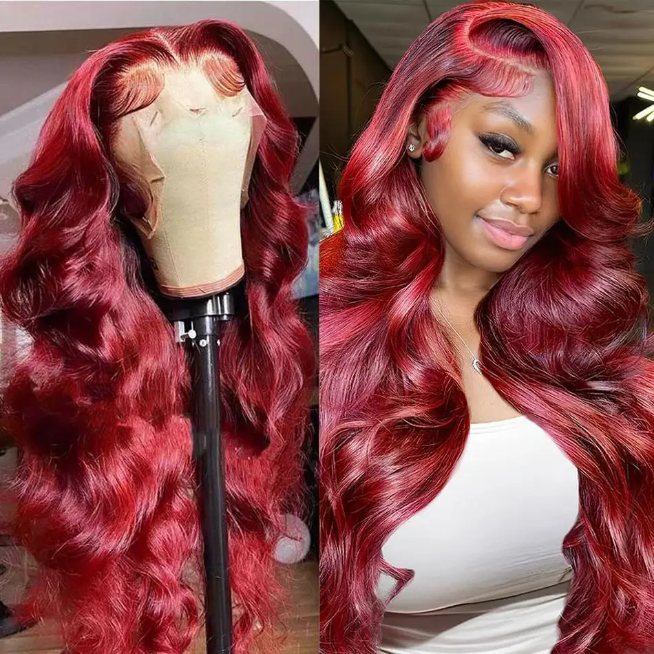 Human Hair Wigs - 200密度、13x4のボディウェーブ・レースフロントウィッグ、99Jの赤色の人毛を使用、13x6のボルドー色のHDボディウェーブ・フルレースフロントウィッグ、長さ46インチ。