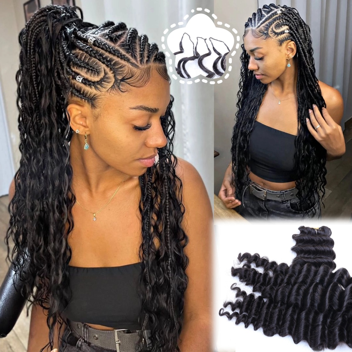 ナチュラルブラックのディープウェーブ・フェザーヘアエクステン - Hair Bundles のレビューと価格