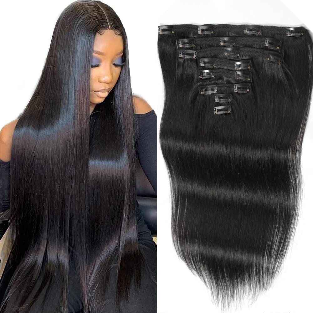 クリップ式ストレートヘアエクステンション、人毛使用、自然な黒 - Seamless Clip In Hair Extensions Human Hair のレビューと価格