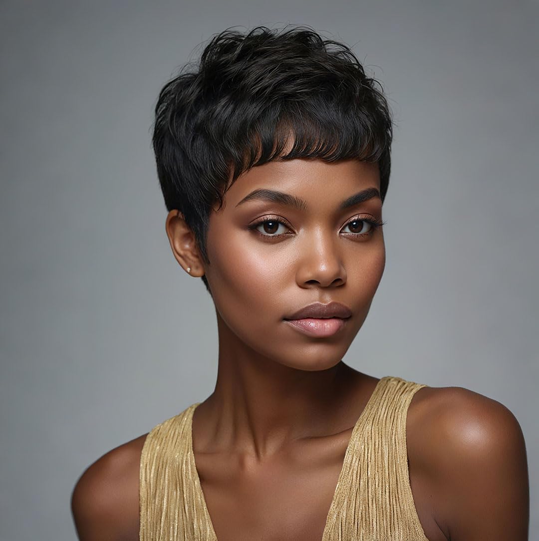 ミスニー ショートボブ ストレート 人毛ウィッグ ナチュラル - Short Pixie Cut Wig Human Hair Cheap のレビューと価格
