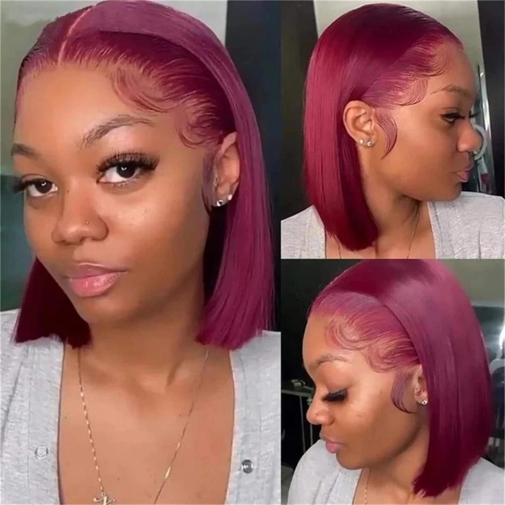 カラー99J、バーガンディ、ショートボブのウィッグ。人毛を使 - Pre Parted 13X4 Lace Front Bob Wig のレビューと価格