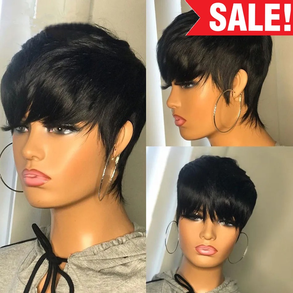 短い人毛ウィッグ、ピクシーカット、ストレート、ブラジル産、黒 - Short Pixie Cut Wig Human Hair Cheap のレビューと価格