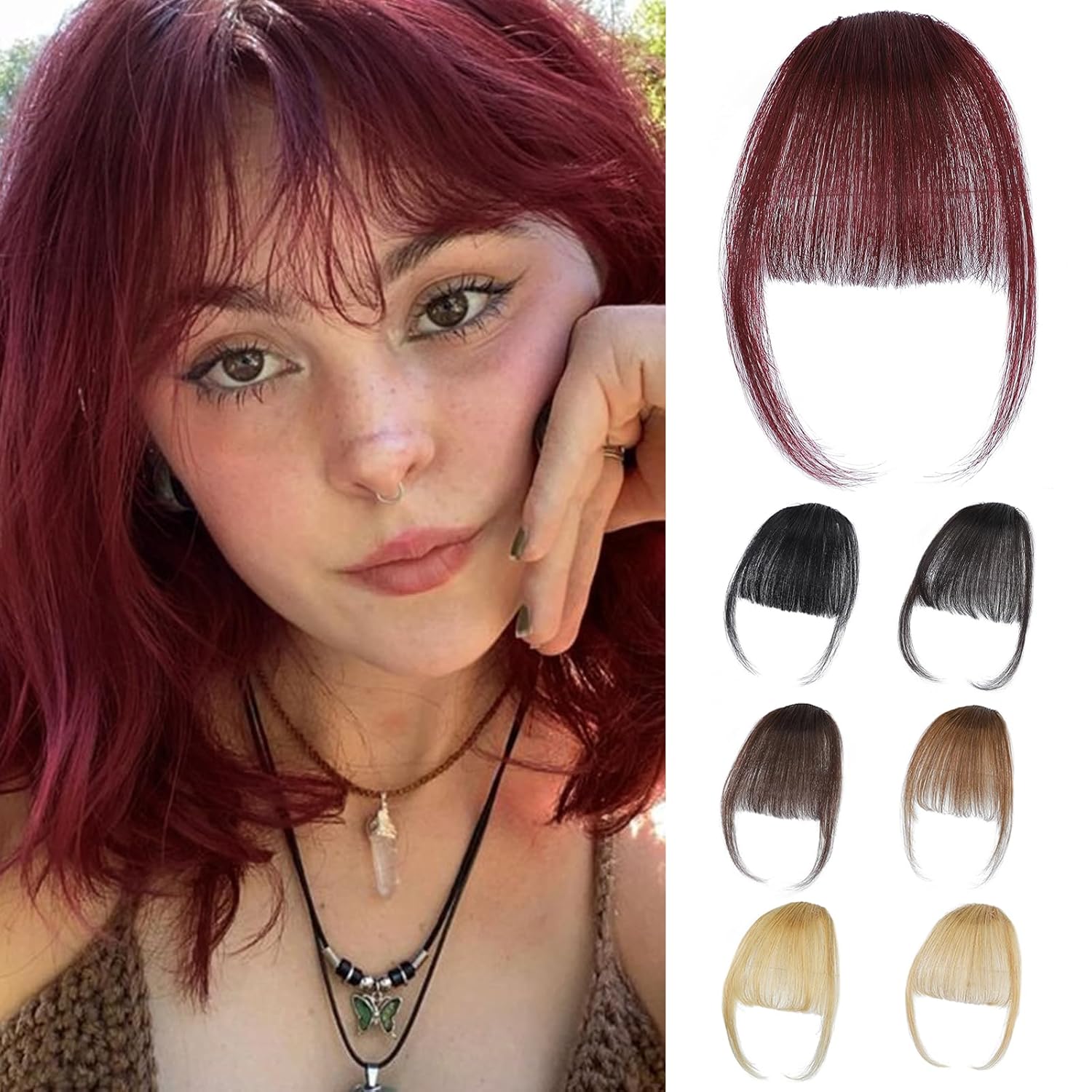 女性用フリンジクリップ付きバーガンディ,100% 本物の人間 - Seamless Clip In Hair Extensions Human Hair のレビューと価格